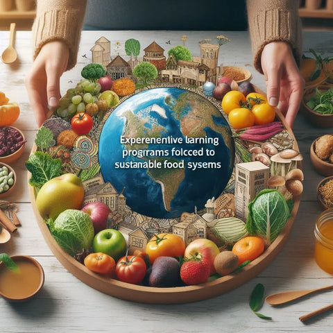 Globe with diverse fruits, vegetables & buildings illustrating sustainable food systems.