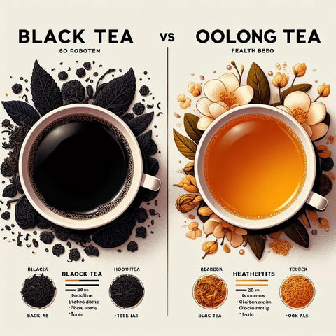 Comparison of black tea and oolong tea leaves, cups, and health benefits.
