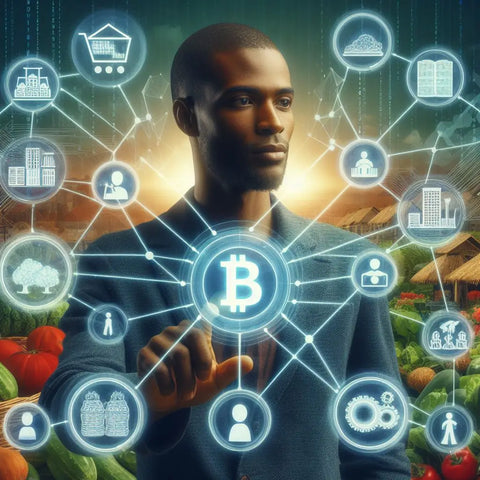 Tech and commerce icons surround person; Bitcoin symbol prominent; consumer demand in agriculture