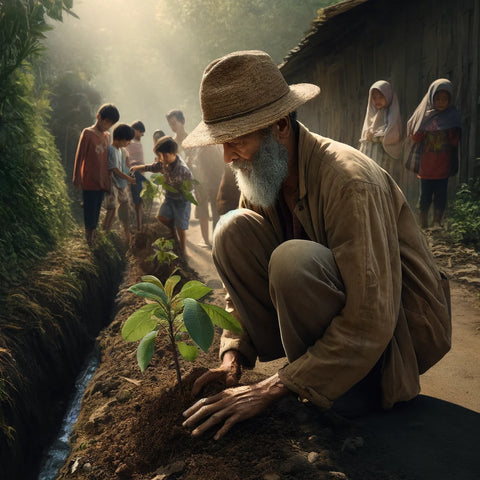 Elderly bearded man in a straw hat planting a seedling, embracing sustainable farming.