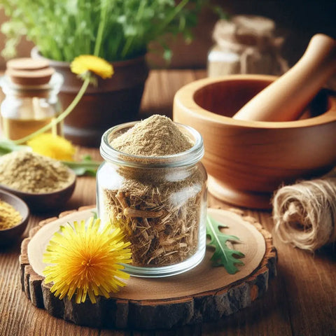 Glass jar with dried dandelion root on a wooden slice for herbal benefits.