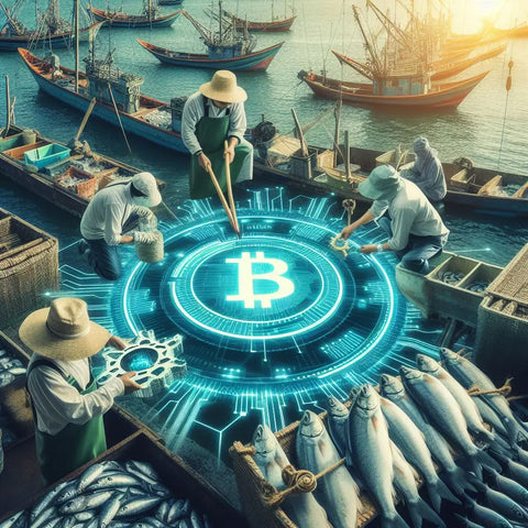 Glowing blue holographic Bitcoin symbol floating above fishing boats in blockchain article.