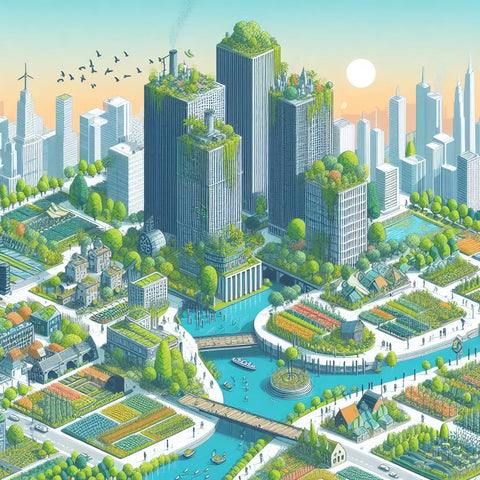Futuristic eco-friendly city with green skyscrapers and urban gardens.