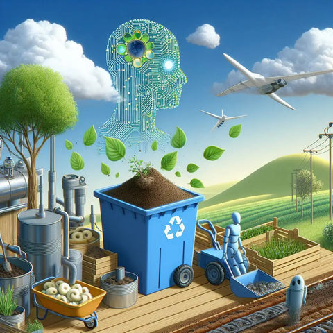 Blue recycling bin with soil, showcasing AI-driven sustainable farming innovations.