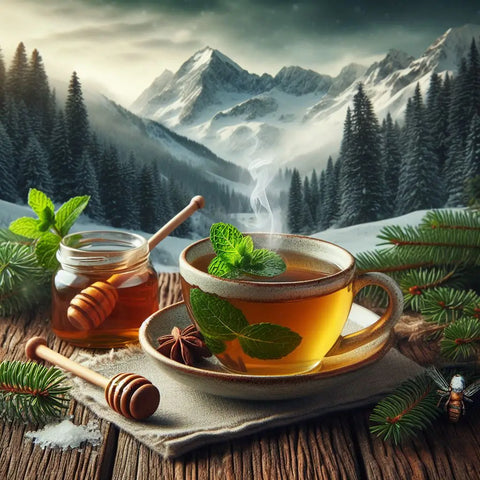 Cup of steaming tea with mint leaves and honey jar on rustic wood for health benefits article.