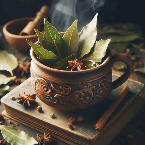 Ornate ceramic mug with bay leaves and star anise for a Bay Leaf Tea Blend article.