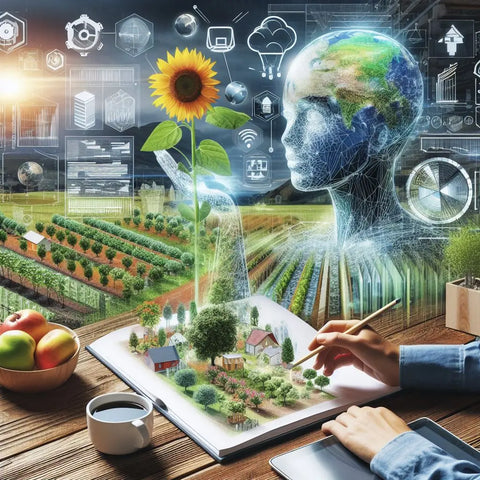Futuristic digital collage of agriculture, technology, and sustainability in farming.