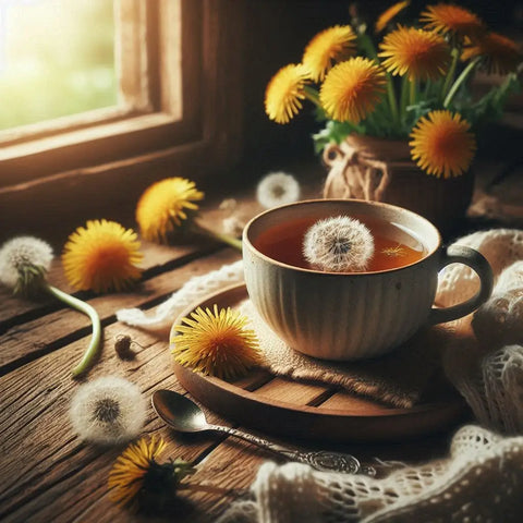 Cup of dandelion tea with a dandelion seed head floating on the surface.