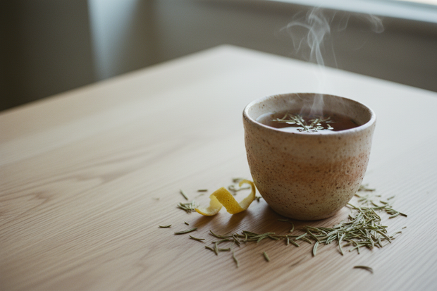 {
  "images": [
    {
      "src": "GENERATE: dried rosemary tea in a small ceramic cup with steam on a light oak table, loose rosemary needles scattered and a lemon strip nearby, shot on 50mm close-up at f/2 with natural window light from left and soft diffused shadows, shallow depth of field with micro-texture visible on ceramic and wood, neutral white balance and muted natural palette with filmic subtle contrast, rule of thirds with generous negative space, minimal props on a clean oak surface, no people