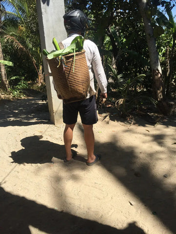 Woven basket backpack with green leaves, Diên Khánh District, Vietnam rural life.