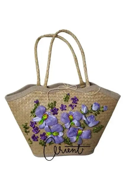 The Rike Woven Straw Tote Top Handle Bag Purse Seagrass Beach Tote Vacation Bag Purple Butterfly Flower - The Rike Inc
